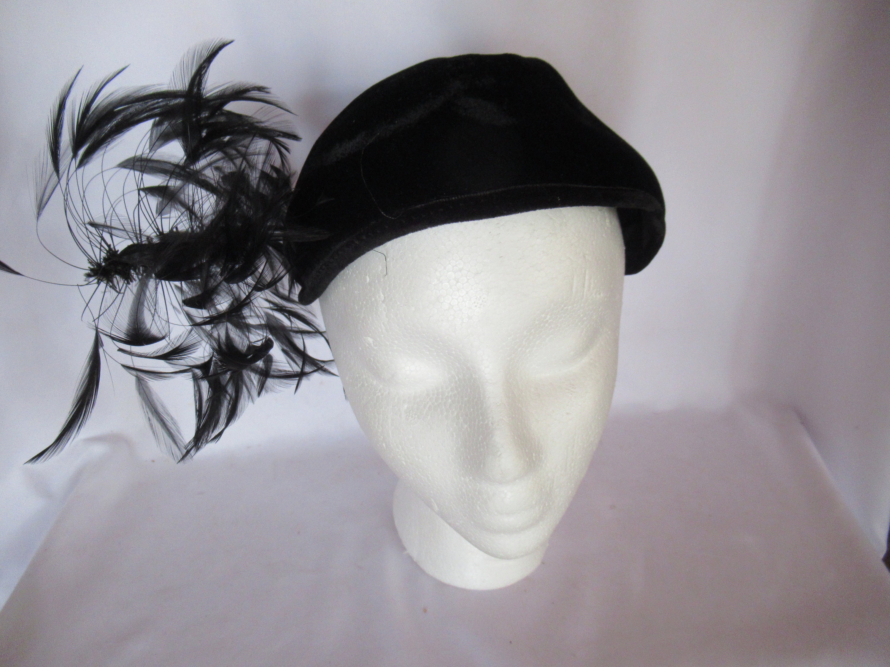 Vintage Black Feathered velvet hat BRAND NEW CONDITION!!! Black Velvet Feathered Hat, Ladies Formal Hat, New York  main image 2