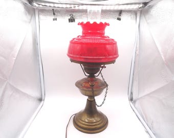 Vintage Metal Lamp, Red Glass Shade, Globe, 3-Way, Oil Lamp Style, Farmhouse, Country Decor
