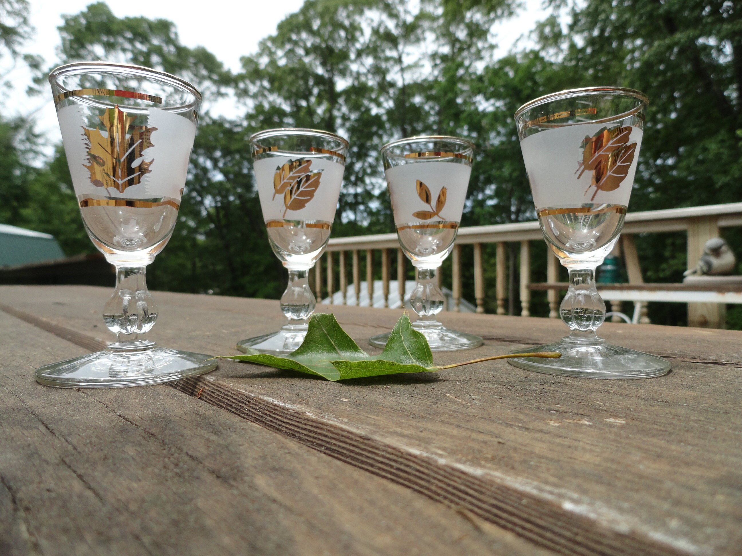10 Vintage Small Wine Glasses Four Gold Bands Stemmed Stemware