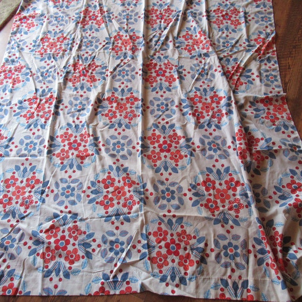 Vintage White Red Blue & Orange Flowered Twin Size Flat Sheet St. Mary's Use or Repurpose 1960s 1970s Pennsylvania Dutch Looking Made in USA