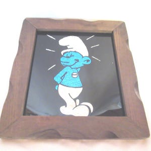 Vintage Smurf Wall Hanging Framed Picture Male Smurf Child's Room Cartoon Character Foil Looking Home Decor Silver Blue & Black 1980s 1990s