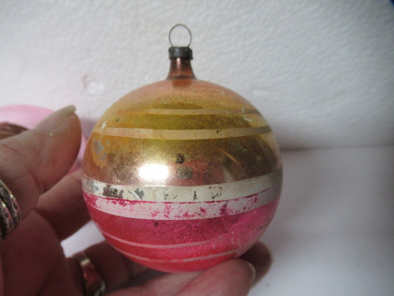 Vintage Pink Glass Christmas Ornaments Gold White Set of 2 Large Made