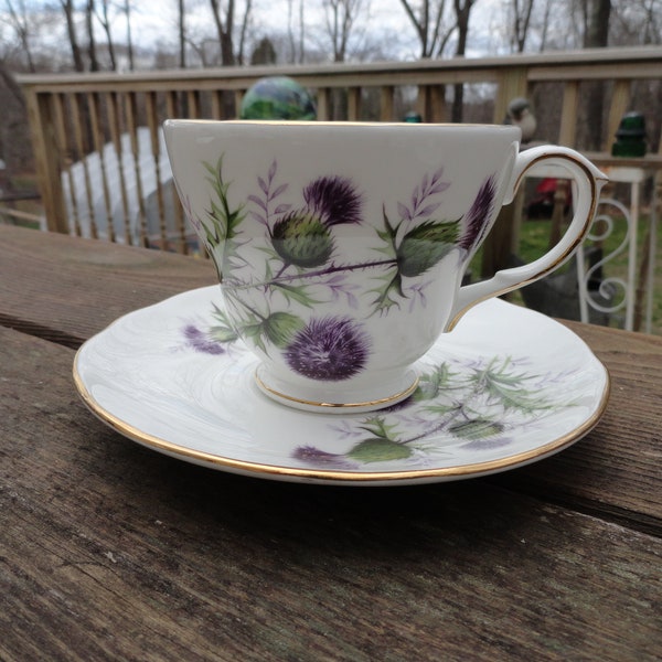 Vintage Duchess Teacup & Saucer Purple Thistle England Bone China White Pink Blue English 922 Collectible Scottish Irish 1970s 1980s