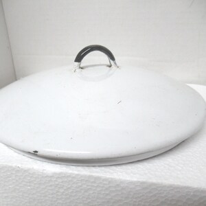 Vintage Enamel Pan Lid, Pot Cover, White with Black Trim, Medium Size, Round