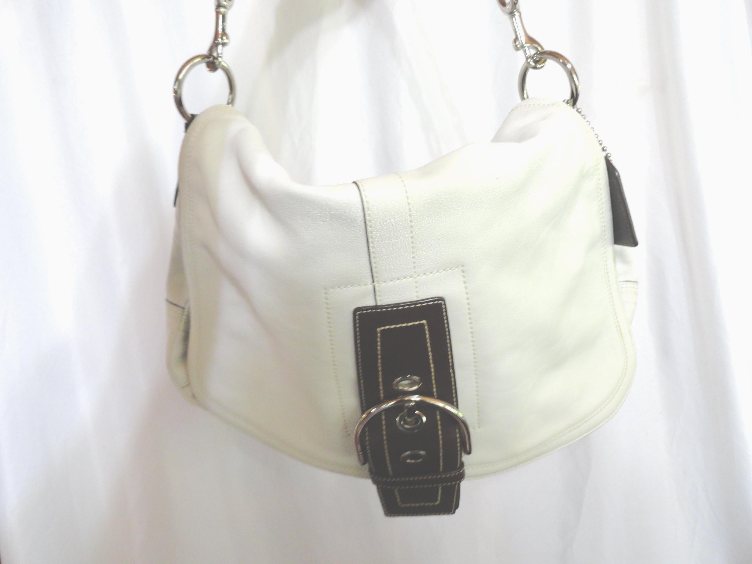Vintage Coach White Leather Purse With Brown Trim, Large Handbag 