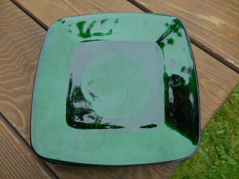 Vintage 1930s 1950s Anchor Hocking Forest Green Glass Translucent Luncheon Square Plate Rounded Corners Dark Retro Transparent Display 1