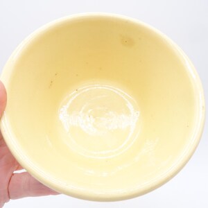 May include: A pale yellow ceramic bowl with a rounded shape. The bowl has a smooth, glossy finish and a slightly off-white interior. The bowl is held by a hand.