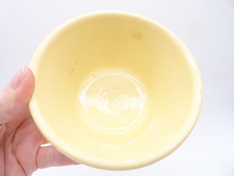 May include: A pale yellow ceramic bowl with a rounded shape. The bowl has a smooth, glossy finish and a slightly off-white interior. The bowl is held by a hand.