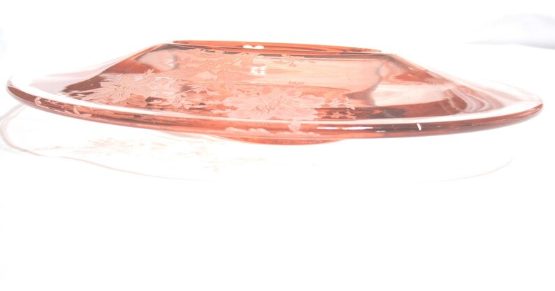 Vintage Pink Depression Glass Console Bowl with Etched Flowers, 1930s-40s image 4