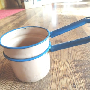 Vintage Pink Enamel Double Boiler, Small with Blue Trim, Farmhouse 1940s-50s, Chippie