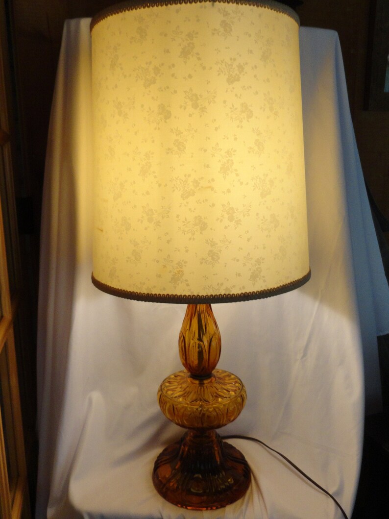 Vintage Large Umber Glass Mid Century Tall Lamp Satin Drum Roses Shade Embossed or Pressed Glass Brown Glass Home Decor Tall Lamp Large image 9