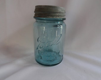 Vintage Ball Perfect Mason Jar Aqua Glass Small Gray Zinc Metal Lid Kitchen Decor Country Farmhouse 1920s 1930s Collectible
