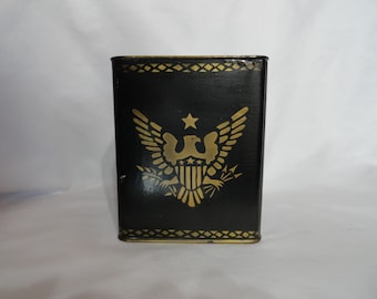 Vintage Square Black Painted Toleware Like Tin Gold Eagle Colonial Style Canister Small Stash Holder Metal 1950s 1960s