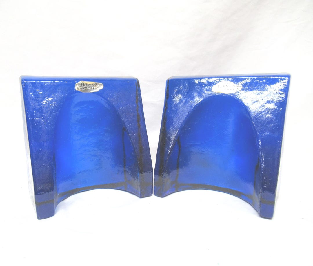 Blue Wayne Lettering Vintage Blenko Blue Glass Shovel Bookends, Sculptural Pair, Cobalt Blue ...