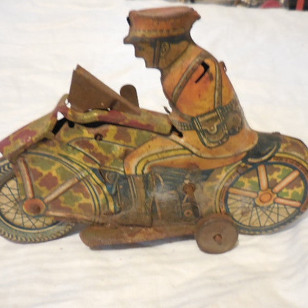 Vintage Louis Marx Tin Man on Motorcycle Wind Up Toy Retro Art Deco Era Not Perfect USA Collectible Self Stand Decorative 1930s 1940s