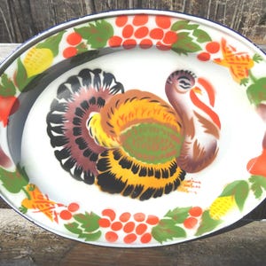 Vintage Enamel Turkey Platter, Thanksgiving Tray, Oval Metal, 1960s-70s, Display