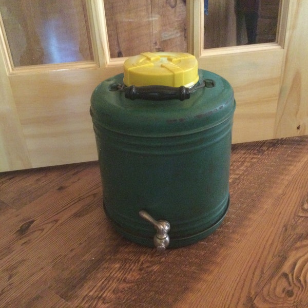 Vintage Green & Yellow Ceramic Insulated Cooler Jug Black Wooden Handle 1930s to 1950s Home Decor Display John Deere Colors Retro Prop