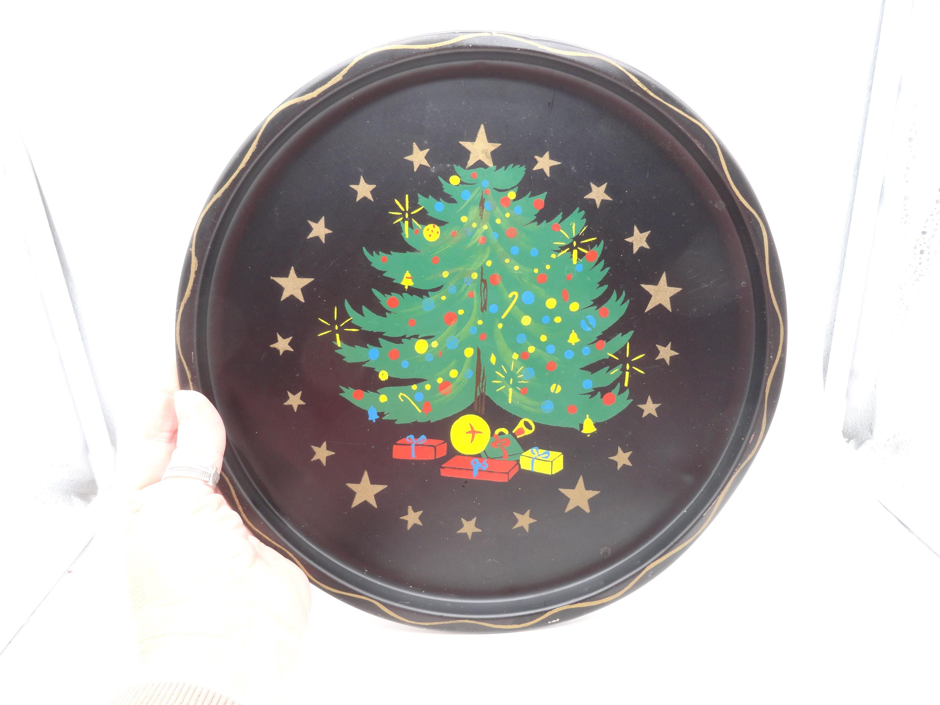 【30年前レトロ貴重】  プレートChristmas Vintage Nashco Toleware Christmas Tray, Black, Small, Round With