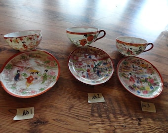 Vintage Japanese Teacup & Saucer Set Hand Painted Geisha Girls Pagoda Trees Flowers 1950s 1960s Red Blue White Pink Display Asian Choice