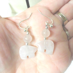 Sterling Silver Rose Quartz Zuni Bear Earrings, Dangles