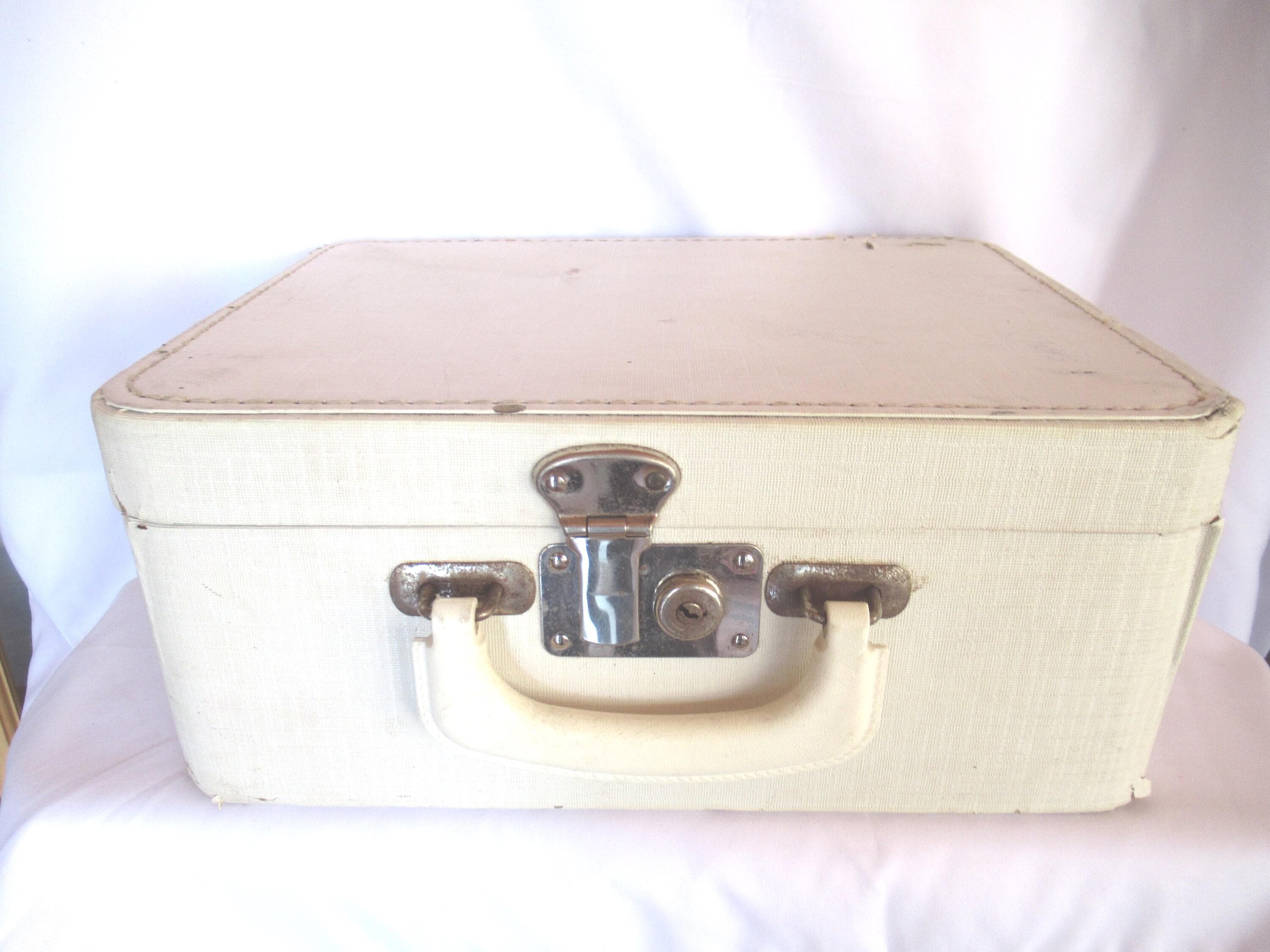 Vintage Small White Suitcase With Key, Mirror, Small Luggage