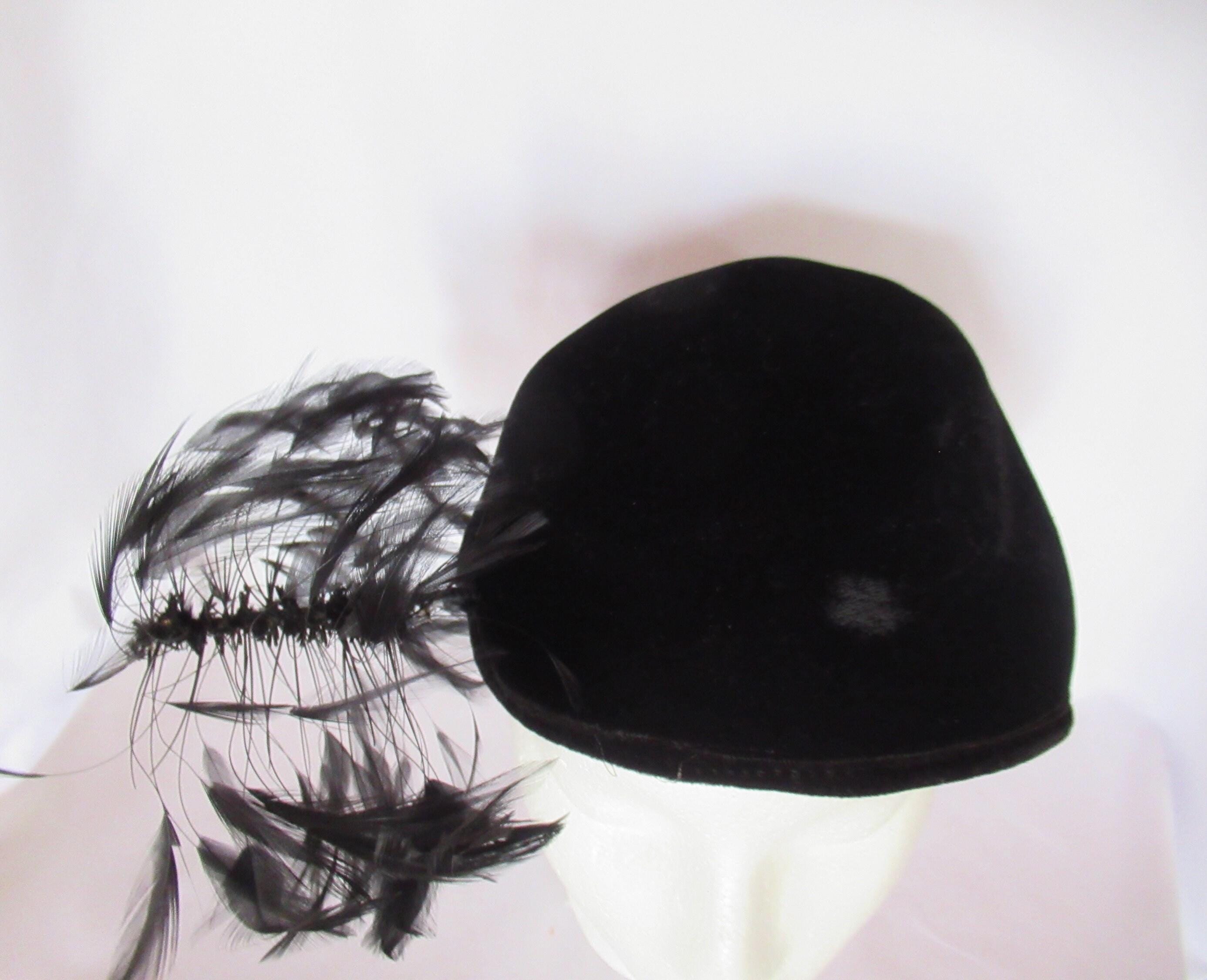 Vintage Black Velvet Hat With Feathers Ladies Cap Movie Prop 