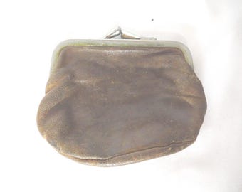 Vintage Brown Leather Change Purse with Kiss Lock, Coin Purse, 1940s-50s