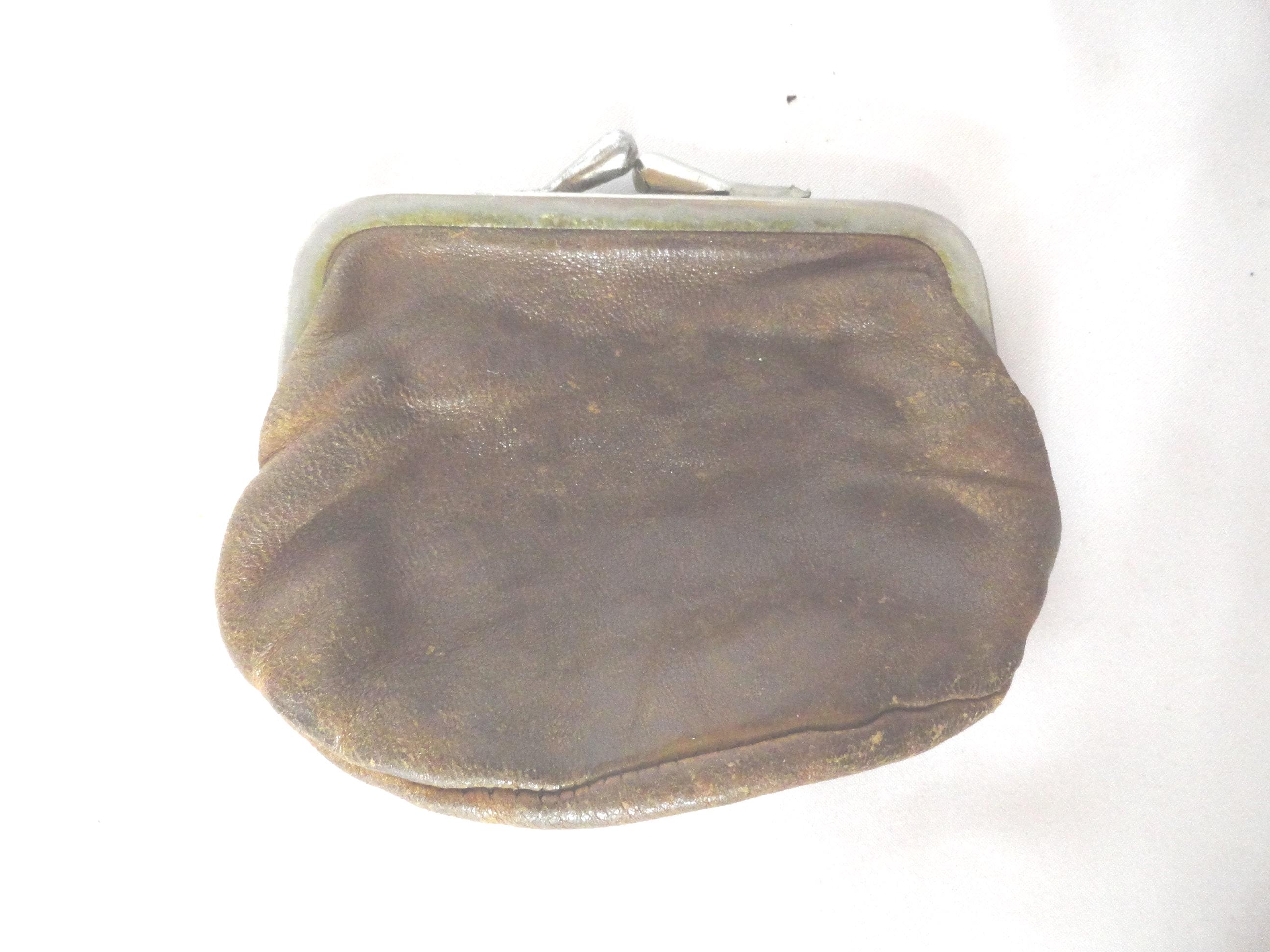 Vintage Brown Leather Change Purse With Kiss Lock, Coin Purse