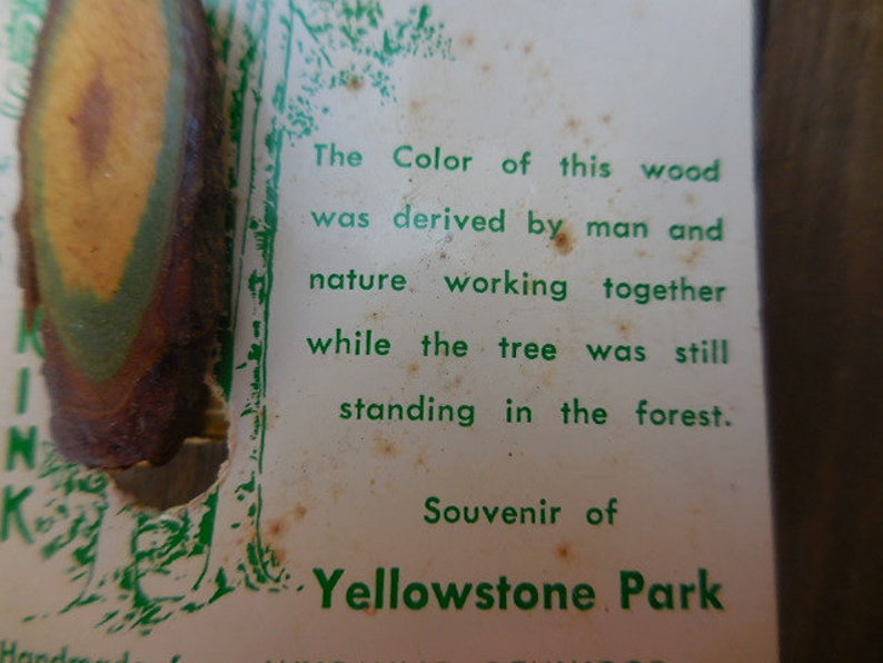 Vintage 1960s to 1970s Woods of Color by Frink Souvenir of Yellowstone Park Handmade from Wyoming Gemwood Man/'s Tie Clip GreenBrown Wooden