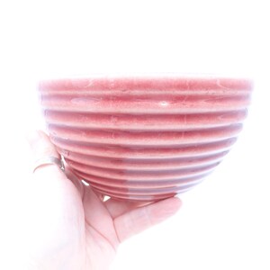 May include: A red ceramic bowl with horizontal ridges. The bowl is held in a hand against a white background. The bowl's color is a muted red, and the ridges add texture to the design. The bowl appears to be a kitchen or dining item.