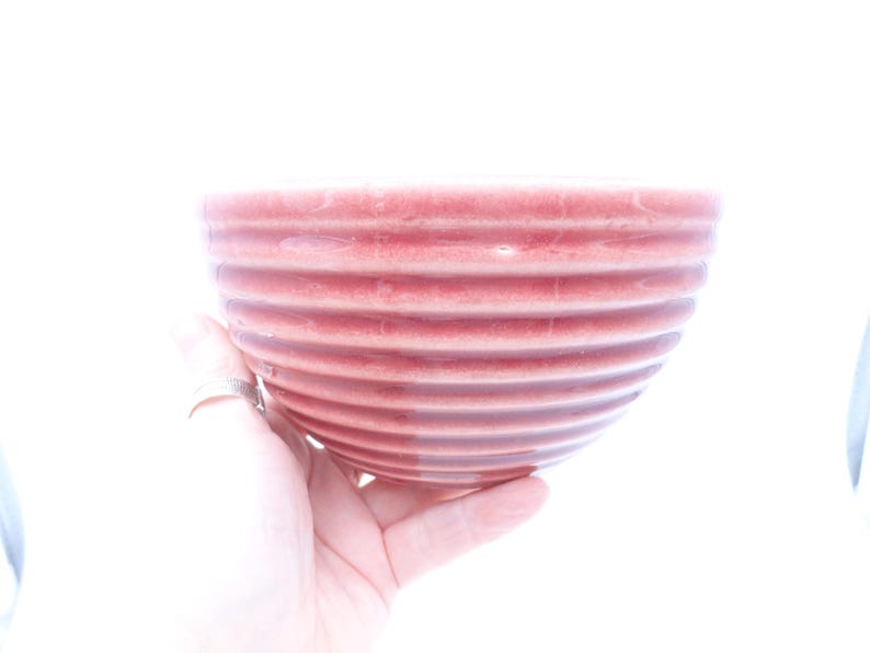 May include: A red ceramic bowl with horizontal ridges. The bowl is held in a hand against a white background. The bowl's color is a muted red, and the ridges add texture to the design. The bowl appears to be a kitchen or dining item.