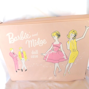 Vintage 1963 Barbie & Midge Doll Case Pink Vinyl Handle Large Not Perfect Double Doll Case Display Suitcase 1960s