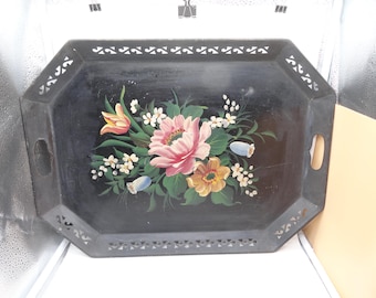 Vintage Toleware Black Floral Tray, Large Decorative Metal, Home Decor, 1920s-50s, Pierced Edge