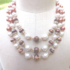 Vintage Brownish Pink Necklace Triple Strand Beaded Japan Silver & Gold Tone White Plastic Adjustable Retro Prop 1950s 1960s