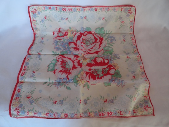 Vintage Women's Handkerchief Red Pink & Blue Flow… - image 1