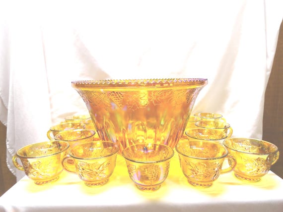 Vintage Indiana Glass Harvest Punch Bowl Set, Carnival Glass, No Ladle