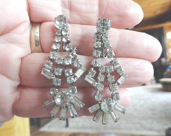 Vintage Long Rhinestone Clip On Earrings, Dangles, 1950s-60s, Silver Tone