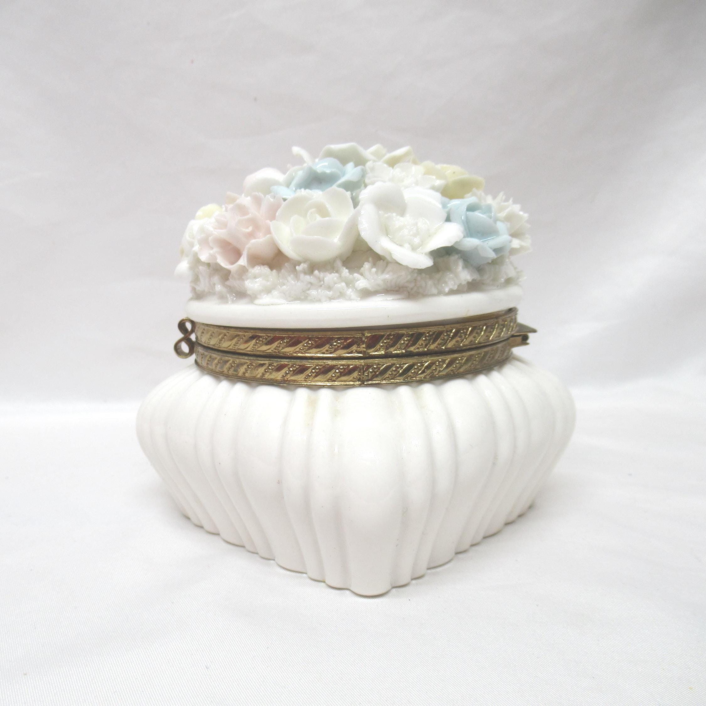 Vintage Ardalt Japan Floral Trinket Box, Gold Accent Band, Hinged