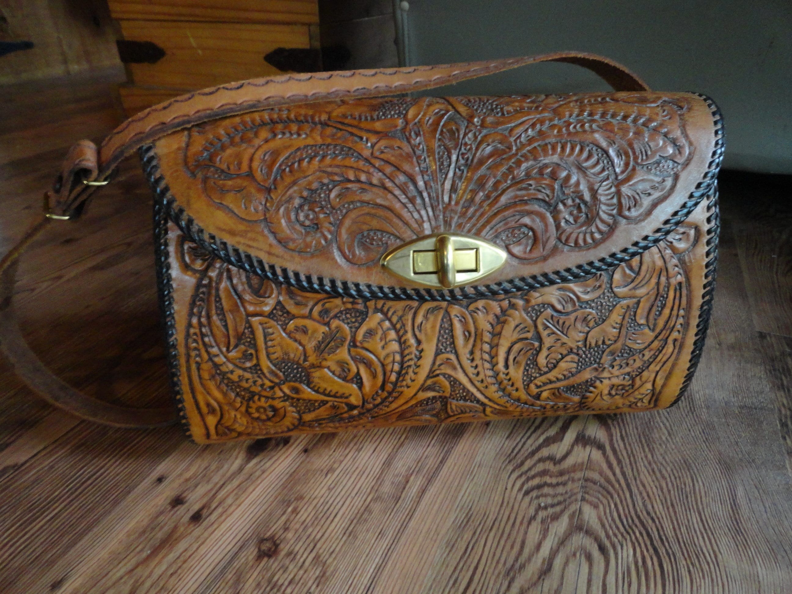Vintage Brown Tooled Leather Handbag Large Purse Pocketbook