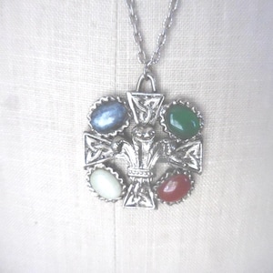 Vintage JEM Celtic Style Necklace, Multicolor Medallion, Long, Trinity Knots, Triple Feathers, 1970s-80s