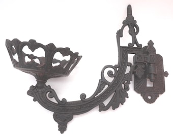 Vintage Hurricane Lamp Holder, Black Cast Iron, Plant Holder, Wall Mount, Wilton, 1930s-60s