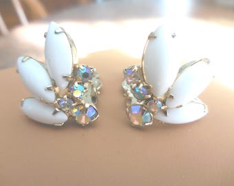 Vintage Milk Glass Clip on Earrings with AB Rhinestones, Gold Tone, 1950s-60s