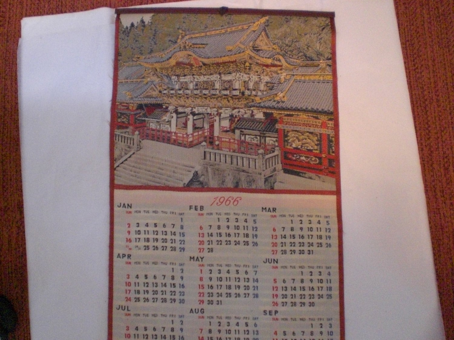 Vintage Authentic Japanese Calendar 1966 Embroidered Red Vintage Authentic Japanese Calendar 1966 Embroidered Red