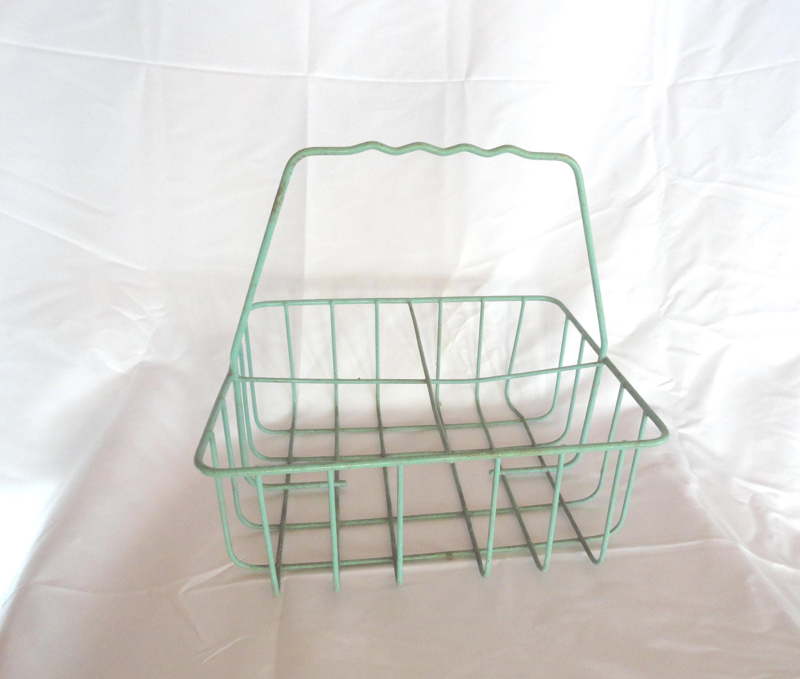 Vintage Milkman's Bottle Basket, Green Caddy, Coated Wire, 4