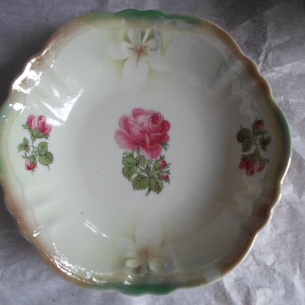 Vintage German Made Shallow Bowl Pink Roses Small Light Green Luster Edges Trinket Dish Shabby Chic Leaves 1930s to 1950s
