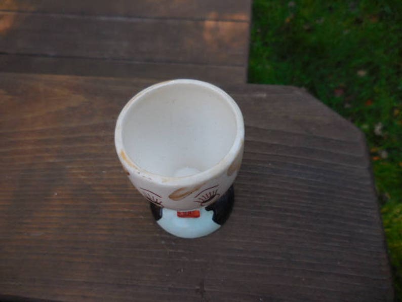 Vintage 1950s to 1960s Egg CoddlerHolder Mans Face with Bow Tie Butler Like Made in Japan Ceramic Kitschy Kitchen Retro