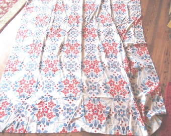 Vintage Floral Flat Sheet, Twin Size, St. Mary's, 1960s-70s, White Red Blue & Orange