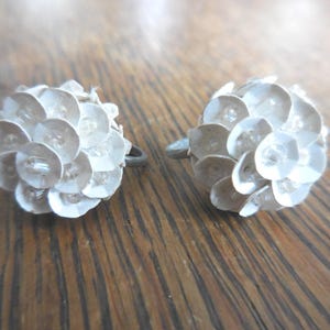 Vintage White Sequins Earrings Clear Glass Beads Tiny Round Screw Back Silver Tone Non Pierced Girl&#39;s Gift Small 1950s 1960s