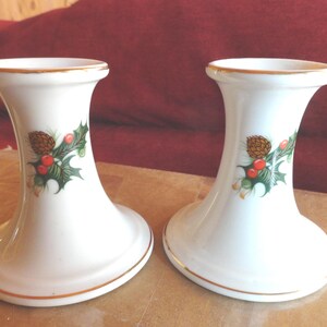 Vintage Christmas Candlestick Holders Set Porcelain White Red Green & Gold Holly Berries Pine Cones 1960s 1980s Home Decor Japan Made Retro