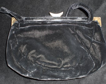 Vintage 1950s Black Velvet Purse by MM Gold Tone Clasp Small 